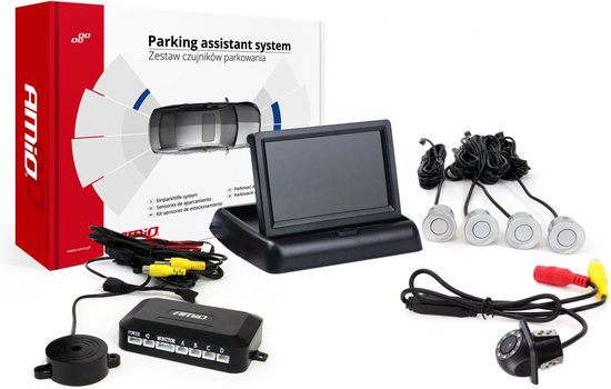 AMiO Parkeerhulpsysteem TFT02 4,3 inch LCD Beeldscherm - HD305LED Camera en 4 Zilveren Sensoren voor Auto