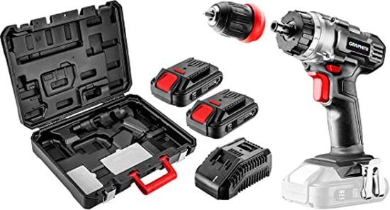 GRAPHITE 18V Akku-Bohrschrauber Li-Ion, mit zwei 2,0Ah-Akkus und Ladegerat im Tragekoffer, zusatzliche Ablagefacher fur Zubehor, abnehmbares 10mm Bohrfutter