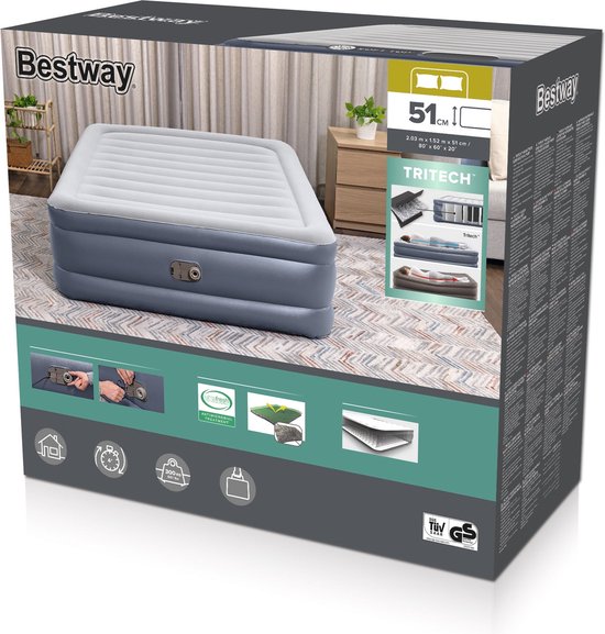 Bestway 6713I Tritech Luchtbed - 2-Persoons - 203 x 152 x 51 cm - Ingebouwde Elektrische Pomp & Kussen