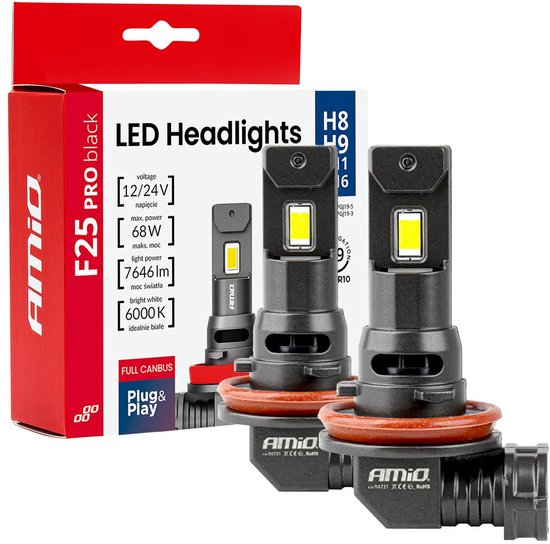 AMiO F25 PRO BLACK FULL CANBUS H8 H9 H11 H16 – 68W 6000K Wit 12V/24V - Hoge Helderheid