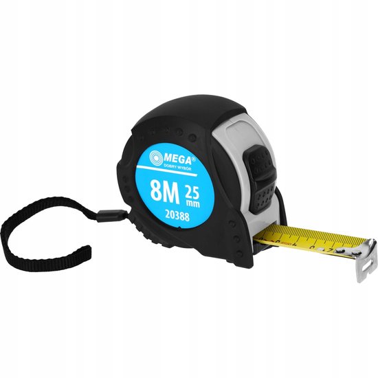 Rolbandmaat 8m x 25mm met dubbele stop, CE, rubberen behuizing