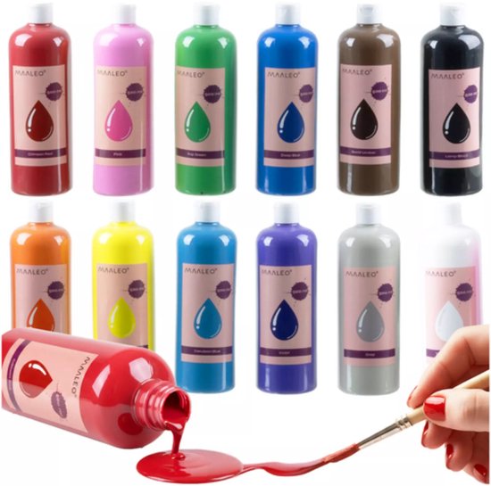 Maaleo plakkaatverf set – 12 matte kleuren van 500 ml, veilige verf voor school en atelier