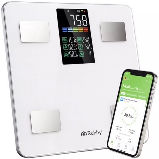 Ruhhy Slimme analyse personenweegschaal wit 226 kg met LCD-display en Feelfit app
