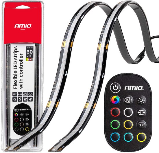 AMiO Flexible LED Strips RGB 12V – Set van 2x30cm met Afstandsbediening Controller – Decoratieve Interieur en Exterieur Verlichting voor Auto