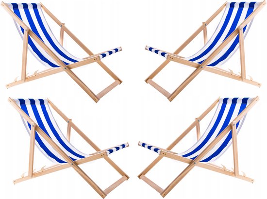 Set van 4 stuks - Strandstoel - ligstoelen - Verstelbaar - Inklapbaar - beukenhout - Wit met blauw strepen