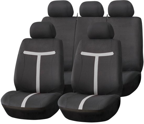 AMiO Universal Car Seat Cover Set SC-06 – 9-delige Stoelhoezen voor Voor- en Achterstoelen, Zwart en Grijs, Airbagveilig en Slijtvast