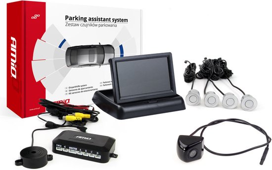 AMiO Parkeerhulpsysteem TFT02 4,3 inch LCD Beeldscherm - CAM310 Camera 4 Zilveren Parkeersensoren 22mm Auto Achteruitrijhulp