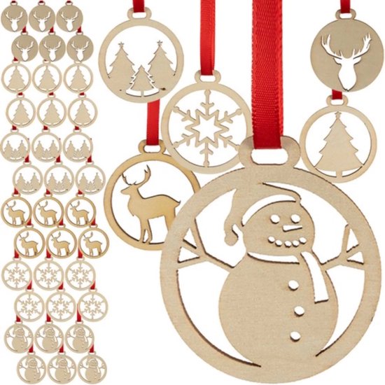 Ruhhy Houten Kerstballen – Set van 36 Stuks, Beige, DIY Decoratie – Perfect voor Kerstboom
