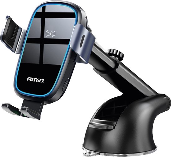 AMiO Suction Mount Telefoonhouder met 15W Draadloze Oplader - Verstelbare Arm en Herbruikbare Zuignap Zwart