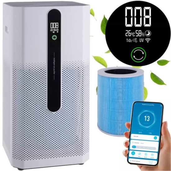 Ruhhy slimme luchtreiniger met HEPA H12 en actief koolfilter – ionisatie, WiFi-bediening en fluisterstil tot 80 m²
