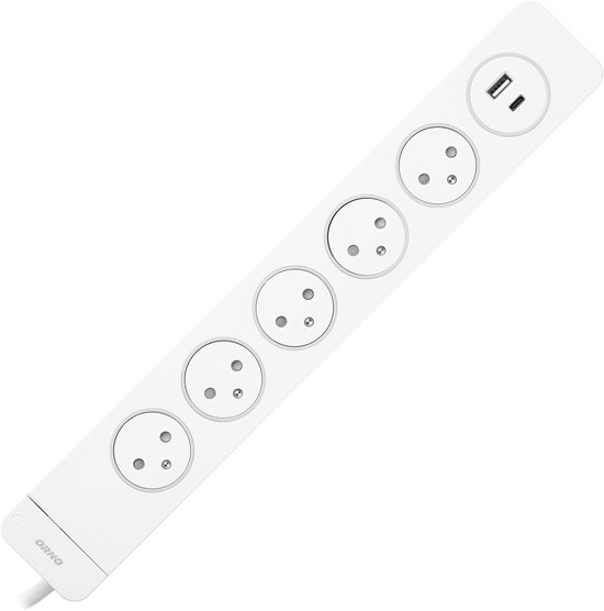 Orno - Verlengsnoer-Verlengkabel - Met Pinaarde - VOOR BELGIE - Stekkerdoos met SPD en 5 stopcontacten 2P+E, Easy Eject-systeem, 1,5 m kabel, Max 3680 W , 3x 1,5 mm² hoofdschakelaar met achtergrondverlichting en 2 snelle USB-laders (A + C)
