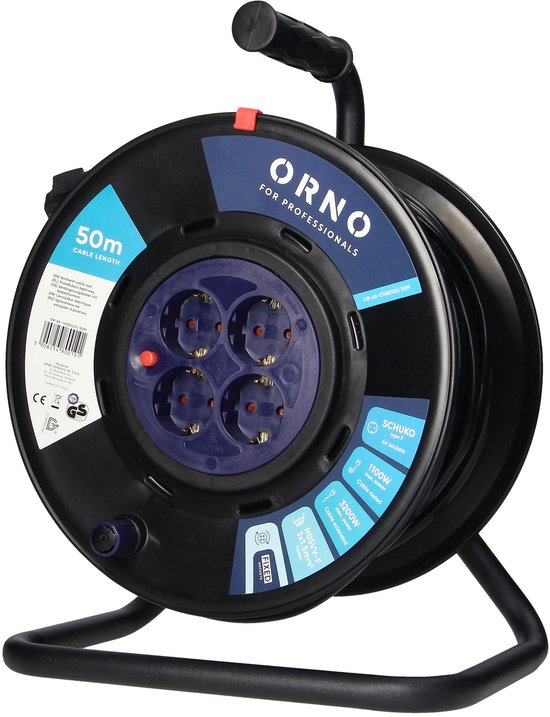 ORNO Stekkerdoos Kabelhaspel met 4 vaste stopcontacten - Verlengsnoer Schuko (type F) - 50m Verlengkabel voor buitengebruik en camping - PVC H05VV-F 3x1.5mm2 - MAX 3200W / 13.9A voor Nederland