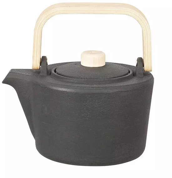 Kinghoff Gietijzeren Theepot met Filter - 1,3 Liter, Zwart, Houten Handvat en Dekselknop, Hoogwaardig RVS Filter, Traditioneel Design