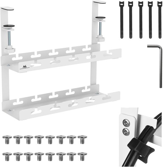 Maclean - Kabelopbergsysteem voor onder het bureau - Kabelgoot 2 niveaus - max. belasting 5kg - Wit - MC-104 W