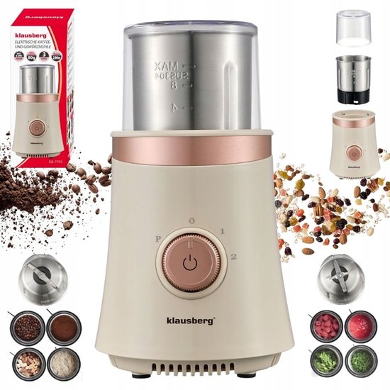 KLAUSBERG KB-7993 Elektrische 2-in-1 Koffie- en Kruidenmolen – 200W – RVS Bekers – Droog & Nat Malen – 3 Snelheden – 80g Capaciteit – beige/Koper