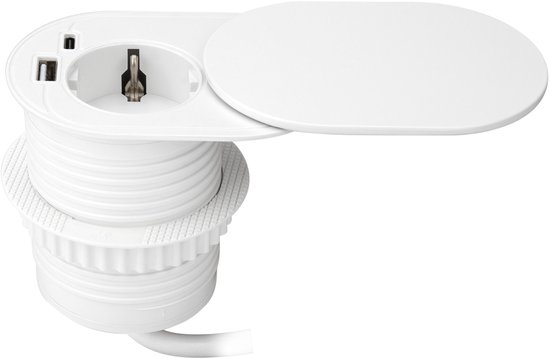 Orno Stekkerdoos inbouw - Slide open verdeelstekker met 1 stopcontact - USB A & C - Ø 60mm Stekkerblok met 1.9 meter kabel - Randaarde - Wit