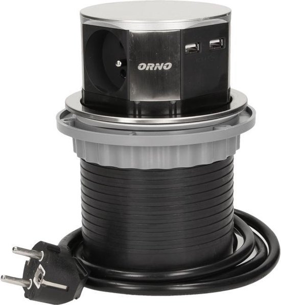 Pop-up stekkerdoos - Verdeelstekker 3 -voudig - Stekkerblok met twee USB-A laadpunten - RVS/INOX