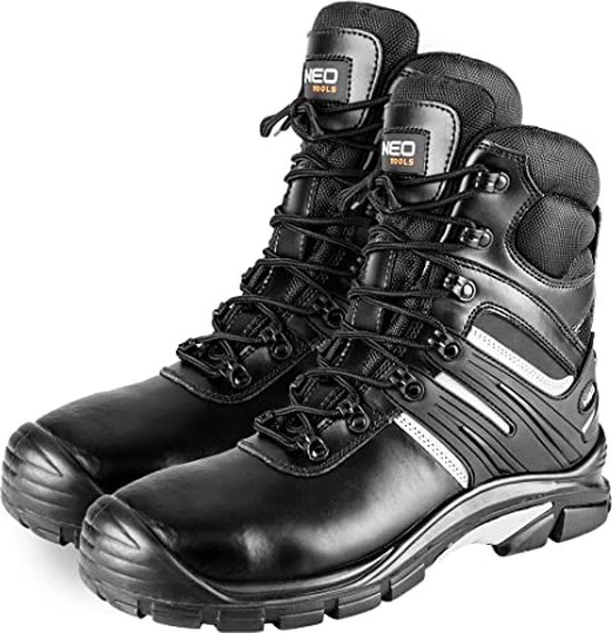 NEO TOOLS Hoher Arbeitsstiefel, Klasse S3 SRC, Polyurethan Leder, Oxford-Gewebe, Metallschlaufen, reflektierende Elemente (eu_footwear_size_system, adult, numeric, medium, numeric_43)