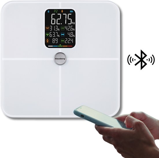 Klausberg KB-7941 Slimme Personenweegschaal – Wit – 180 kg – Lichaamsanalyse BIA – Bluetooth – Vetpercentage, Spiermassa & BMI – Tempered Glass