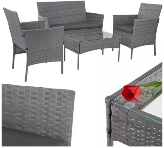 Gardlov Donkergrijze rattan tuinmeubelset met tweezitsbank, 2 stoelen en tafel met glazen blad