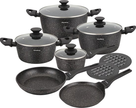 Klausberg 7658 - 12 delige pannenset - Kookpannen - 16-20-24-24-24-28 cm - zwart - met deksel