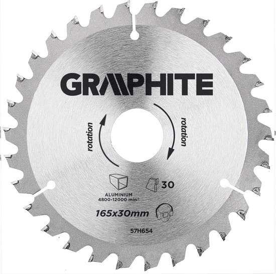 Graphite 57H654 Cirkelzaagblad voor Hout 165mm, Asgat 30mm, Tanden 30, Dikte 3,2, Vulringen 16/20/25 Alu, TCT