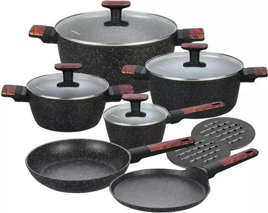 Klausberg 7831 - 12-delige Marmeren Pannenset in Zwart en bruin - Compleet en Functioneel Kookgerei met Glazen Deksels