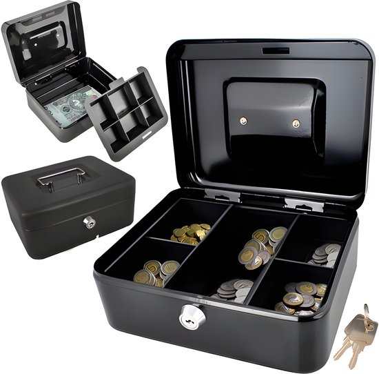 Malatec Geldkist met slot - zwart - PP/ijzer - 20 x 16 x 9 cm - geldbox - kluis/spaarpot - incl 2 sleutels