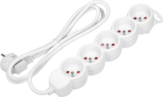 Stekkerblok 3m kabel Wit 5x stopcontact ,H05VV-F 1x1.5mm2, Imax=16A