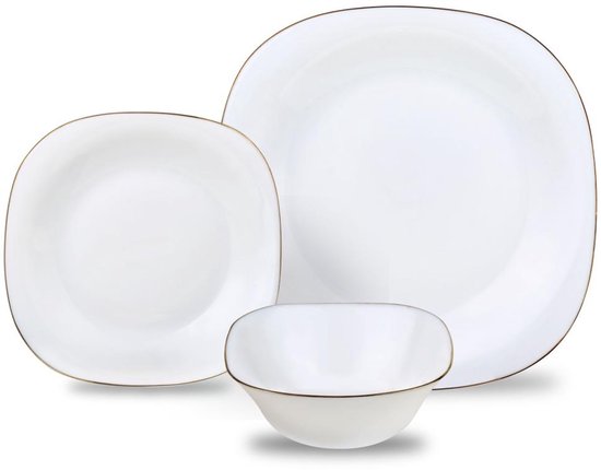 KingHoff Servies Set TOPAZ 18-delig - Wit Vierkant Bordenset met Gouden Rand - Servies voor 6 Personen - Geschikt voor de Vaatwasser