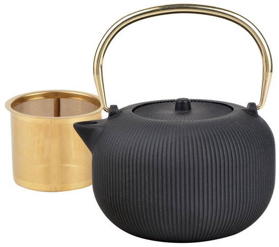 Kinghoff KH-1931 - Gietijzeren theepot - met zeef - geëmailleerde binnenkant - 1l - zwart met gouden handvat