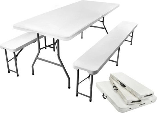 Malatec campingtafel en 2 banken inklapbaar 180 cm lichtgrijs - opvouwbaar - picknicktafel - handig voor in de camper of caravan - complete set - cateringset