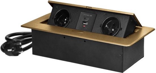 Bureau stekkerdoos met USB A&C - Pop up stekkerblok met 2 stopcontacten- Inbouw Verdeelstekker met RVS afwerking - Verdeeldoos met 1.5 meter kabel - voor max. 3680 Watt - Penaarde - Messing