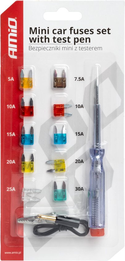AMiO Testpen Spanningszoeker Set met Mini Autozekeringen 5A t/m 30A