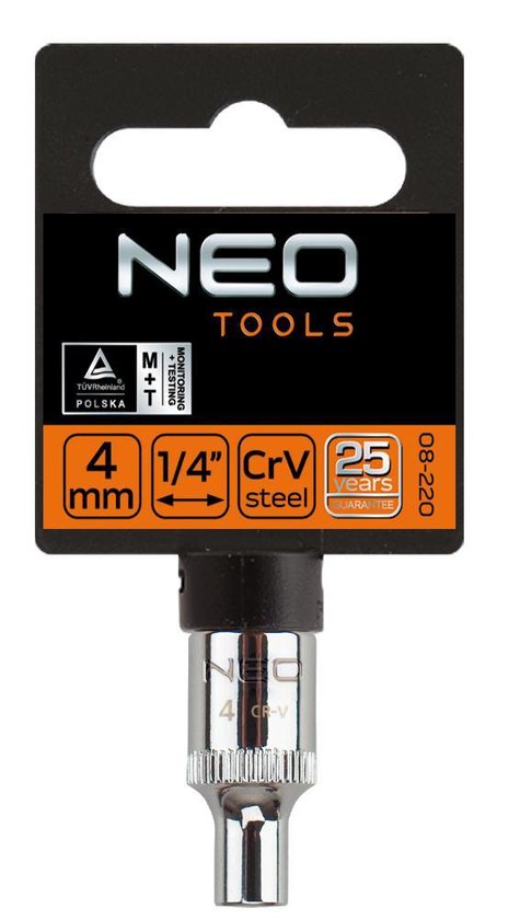 Neo Tools Dop 6 1/4 Aansluiting Lang Classic Strak Zeskant DIN 3124 CRV Staal TUV M+T