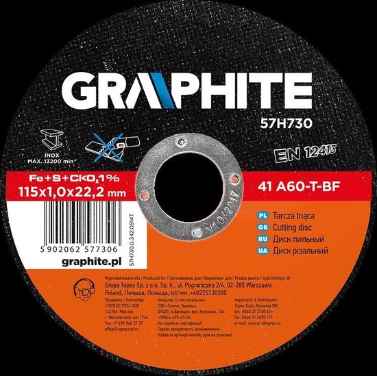GRAPHITE doorslijpschijf 115x22x0,8mm metaal industrie inox, 41 a60-t-bf