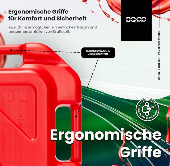 Jerrycan Kunststof rood 10 Liter-L36 x B15 x H34 cm - geschikt voor gevaarlijke vloeistoffen