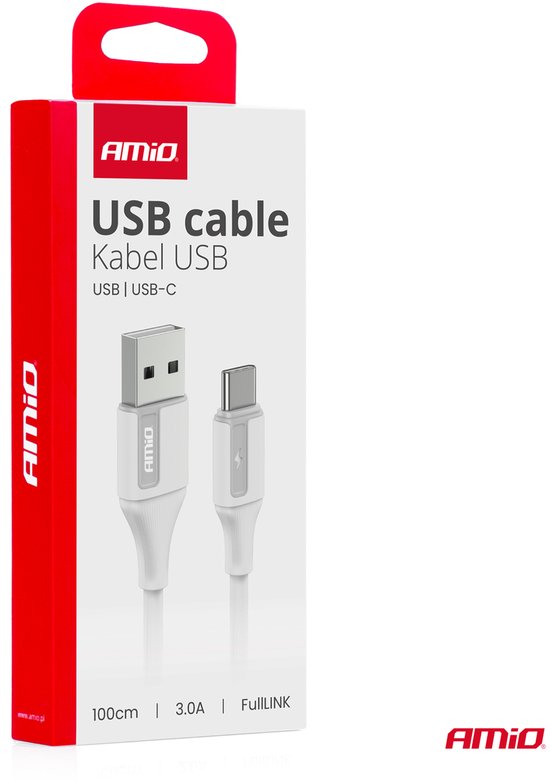 AMiO USB-A naar USB-C Kabel 3A 100cm FullLINK Wit - Hoogwaardige Snellader Oplaadkabel Snoer