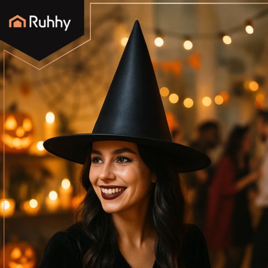 Ruhhy Zwarte heksenhoed klassiek Halloween kostuum accessoire met brede rand en spitse vorm