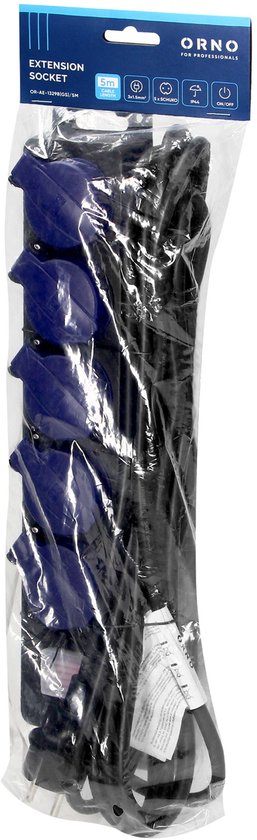 Orno Vrijstaande Stekkerdoos voor buiten - Verlengsnoer met Aan/uit knop - 5 stopcontacten - kabellengte 5 meter - IP44 - Zwart/blauw
