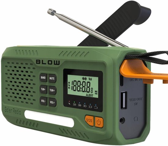 BLOW Noodradio Solar Opwindbaar - V2.0 - 2A 5V - Met Zaklamp + SOS-Signaal - Groen