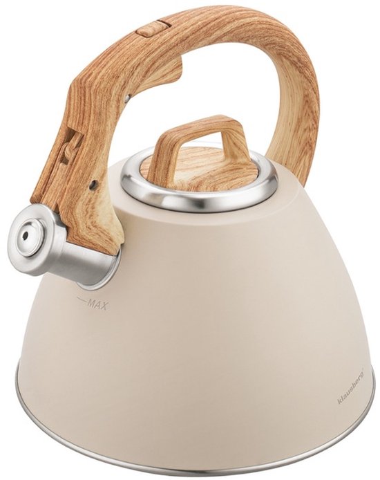 KLAUSBERG KB-7954 Fluitketel 2,5 L – waterkoker- Beige Mat – Houtlook Handgreep – RVS – Soft-Touch – Inductie