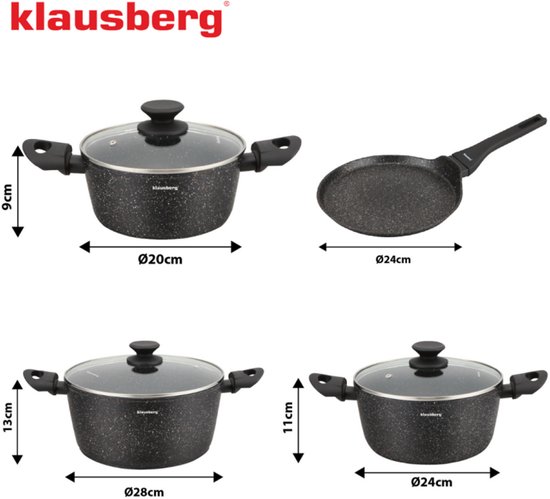Klausberg KB-7962 Pannenset 7 Delig Zwart | Marmer Anti-aanbaklaag | Inclusief Pannenkoekenpan | Geschikt voor Inductie