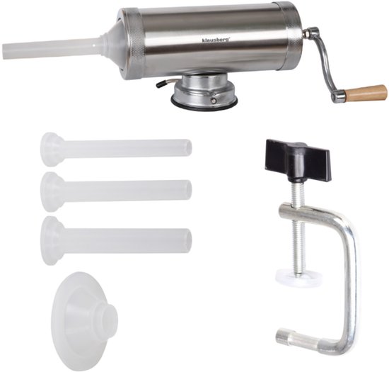 Klausberg Worstvuller Horizontal - Vleesvuller - 2,5 kg Capaciteit - RVS - Met Zuignap en 3 Spuitmonden - KB-7925