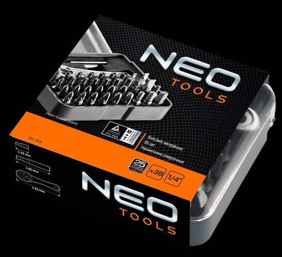 NEO TOOLS Ratelbitset  38-Delig Met Handige Mini Ratel 1/4'' S2 Staal