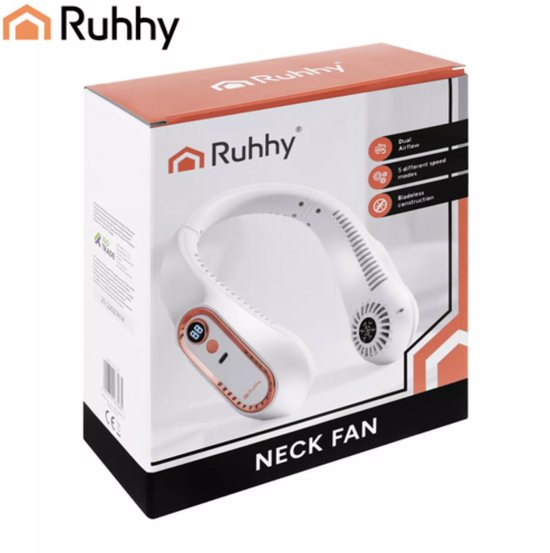 Ruhhy Draagbare nekventilator wit met goudkleurige accenten 5 standen USB C oplaadbaar