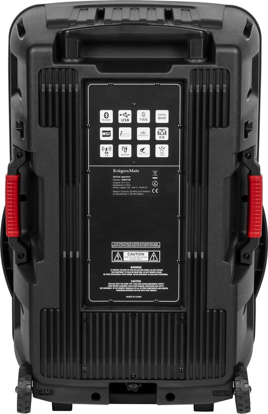 Krüger & Matz KM1718 Mobiele Actieve Luidspreker Party Speaker Box LED ring (met 2 UHF draadloze microfoons, SD, Bluetooth 5.0 , FM, USB) 60 Watt zwart