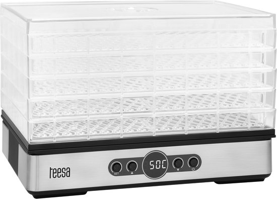 Teesa Voedsel Dehydrator 400W – 5 Transparante Droogrekken voor Paddenstoelen, Groenten & Fruit – Digitale Display met Thermostaat & Timer – Warme Lucht Circulatie – Efficiënte Voedsel Droger voor Thuis