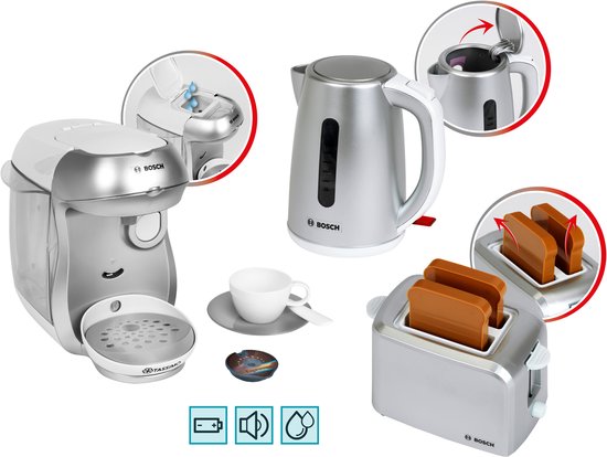 Klein Toys - Bosch-ontbijtset - incl. speelgoedbroodrooster, waterkoker en koffiezetapparaat - zilver