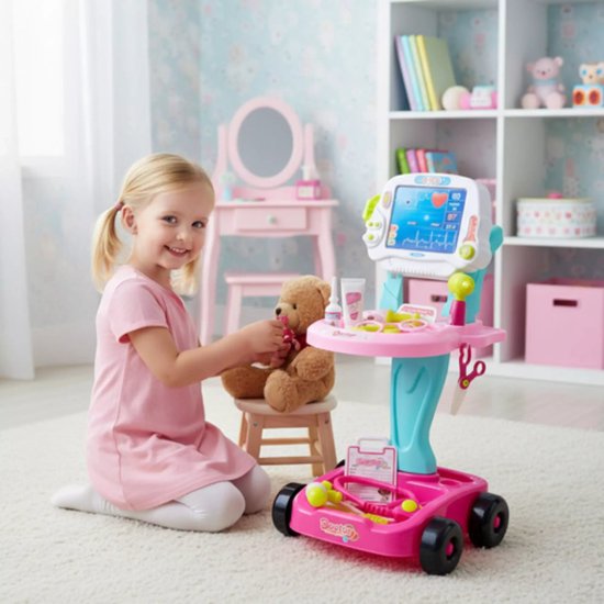 Ruhhy doktersset roze trolley 18-delig – educatief kinderspeelgoed met licht- en geluidseffecten, medische accessoires en wieltjes